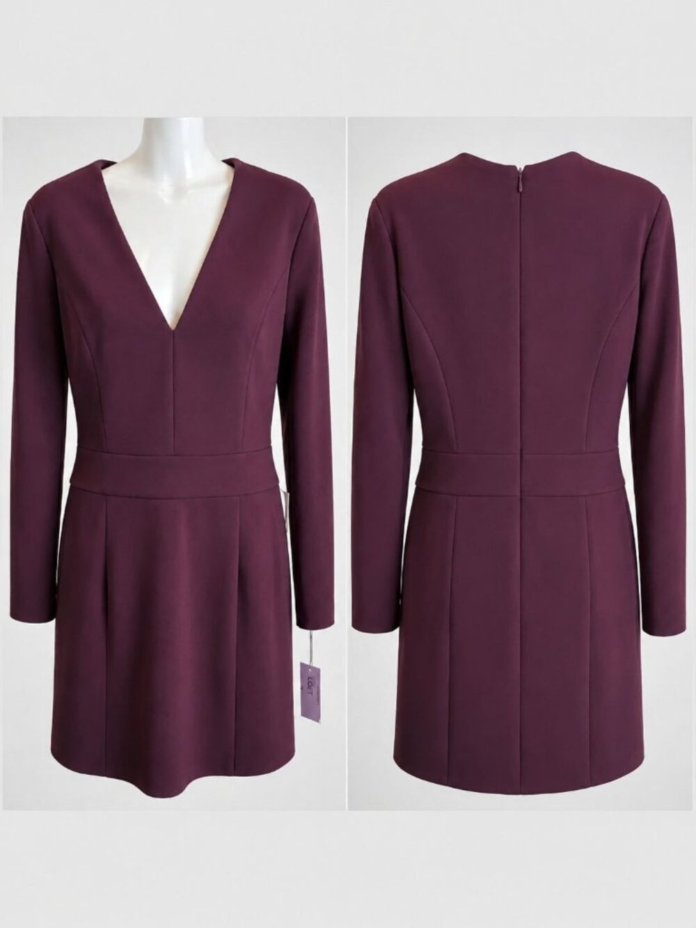 Donna Morgan Plum Purple V Neck Fit Flare Dress NWT Long Sleeve Sz 10 Elegant